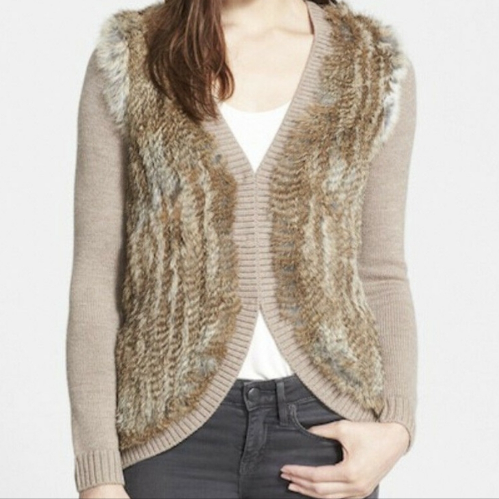 Joie Genuine Rabbit Fur Wool Knit Cardigan Sweater